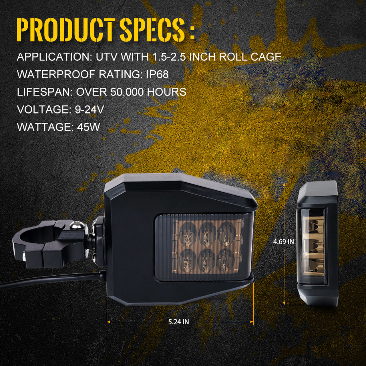 UTV Roll Bar Cage Side Mirrors with LED Spot Lights and Anti-Glare Mirrors